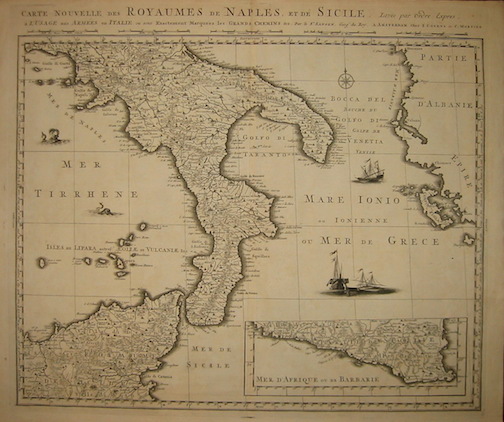 Sanson Nicolas (1600-1667) Carte nouvelle des Royaumes de Naples et de Sicile. Levée par ordre expres à  l'usage des Armées en Italie... 1742 Amsterdam 